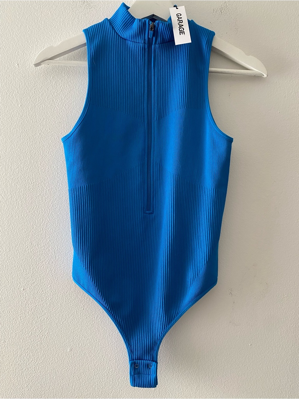 Garage French Blue Ribbed Sleeveless Bodysuit with Front Zip NWT